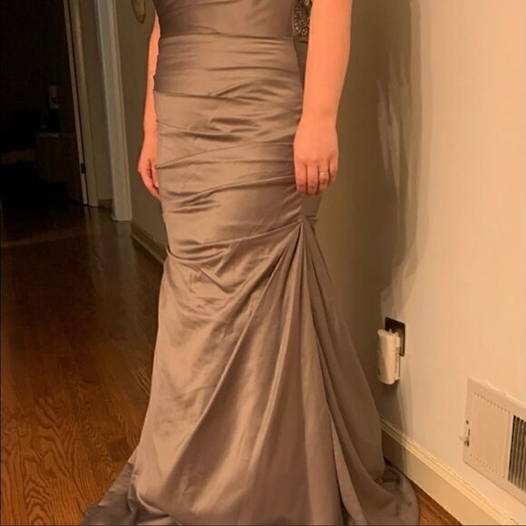 NWT LA Femme champagne colored ruched gown with beaded back and sleeves. - Picture 10 of 14